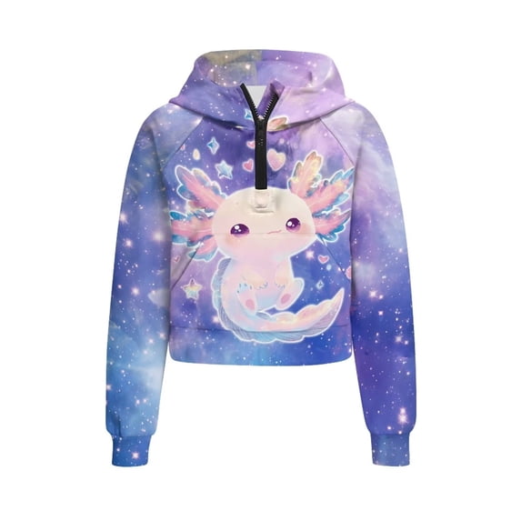 Chaqlin Galaxy Cute Axolotl Quarter Zip Up Sweatshirts for Kids with Pocket Oversize Plus Size Cozy Sweatshirt for Camping Fishing Weekend Size 13-14