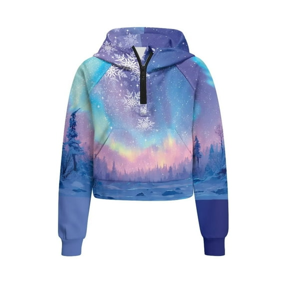 Chaqlin Galaxy Snowflake Print Teen Girls Zipper Sweatshirt with Pocket Half Zip Pullover Lightweight Comfy Top for Gym Run Sports Weekend Size 9-10