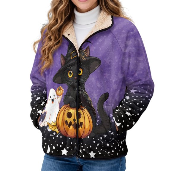 Chaqlin Halloween Black Cat Womens Fleece Casual Jackets Stand Collar Coat