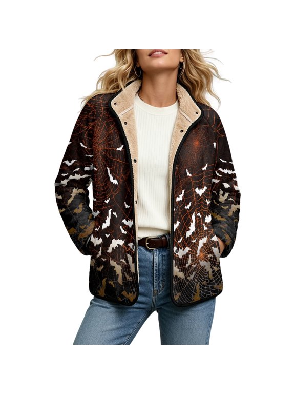 Halloween Spider Web Bat Womens Jacket Long Sleeve Fleece Coats