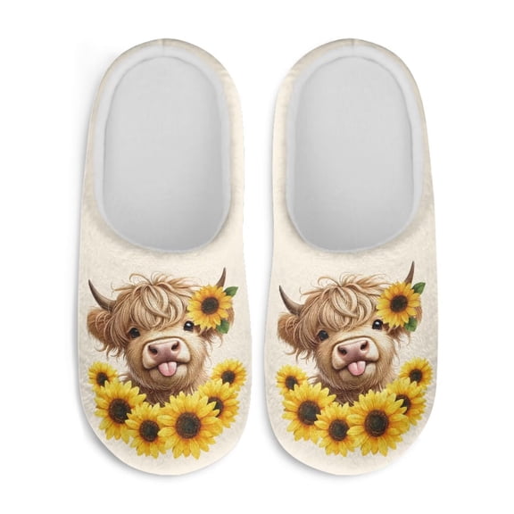 Chaqlin Highland Cattle Sunflowers Teacher Slippers Soft Plush Fuzzy Comfy Non Slip Indoor Outdoor House Shoes Warm Cozy Memory Foam Sole Lightweight Comfy