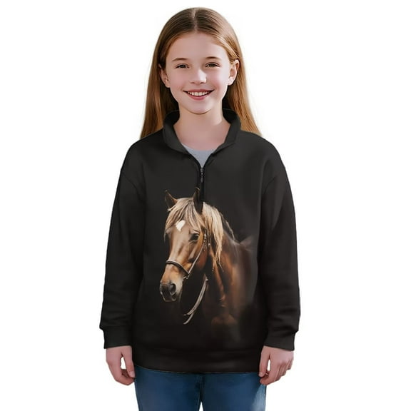 Chaqlin Horse Girls Half Zipper Sweatshirt Fall Pullover Long Sleeve Lightweight Comfy Casual Loose Athletic Top Sportswear for School Gym Size 5-6