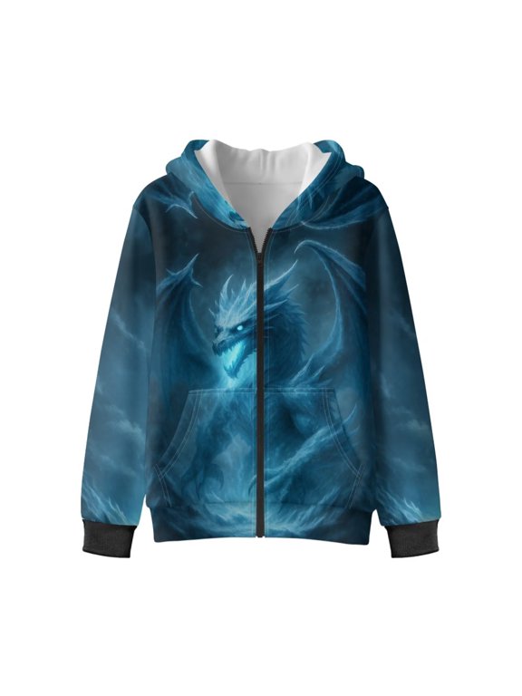 Ice Blue Dragon Zip Up Hoodie with Pockets for Youth and Boys - Trendy Fall Athletic Jacket for Sports and Casual Fluffy Hoodies for girl