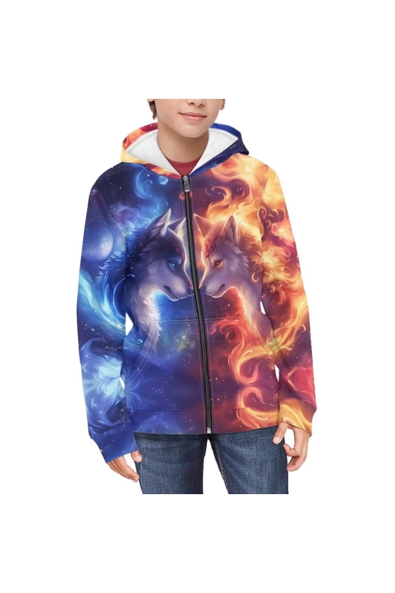 Ice Fire Flame Wolf Youth Athletic Top Zip Up Hoodie Long Sleeve with Pockets Lightweight Sports Jacket Boys Size 10-12