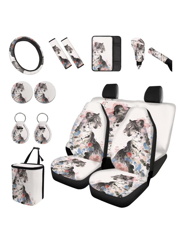 Leopard Car Accessories Full Set 15Pcs Ink Wash Casual Car Seat Covers with Steering Wheel Cover, Armrest Cushion Cars Interior Decorations for Most Sedans, SUVs and Vans