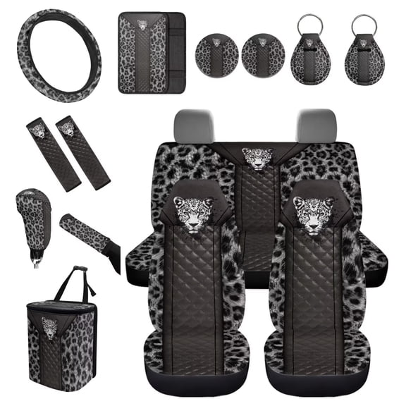 Chaqlin Leopard Pattern Car Seat Covers Full Set Casual Vehicle Front Rear Seats Cushions 15 Pieces Sets with Armrest Protector, Keychain, Garbage Bin Automobile Interior Decors