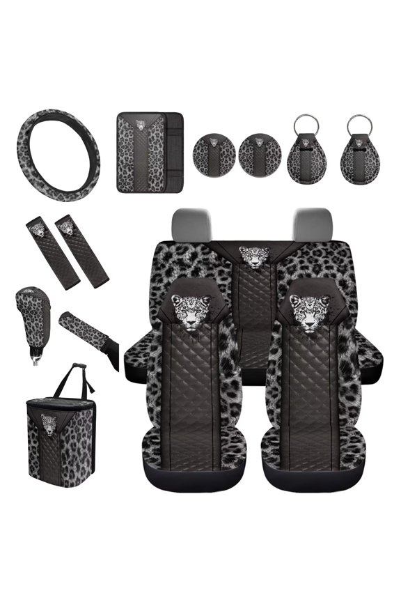 Leopard Pattern Car Seat Covers Full Set Casual Vehicle Front Rear Seats Cushions 15 Pieces Sets with Armrest Protector, Keychain, Garbage Bin Automobile Interior Decors