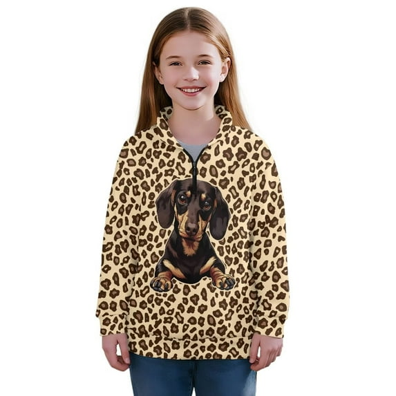 Chaqlin Leopard Print Dachshund Girls Spring Sweatshirt Half Zipper Pullover Long Sleeve Lightweight Comfy Casual Loose Top for School Seasonal Wear Size 7-8