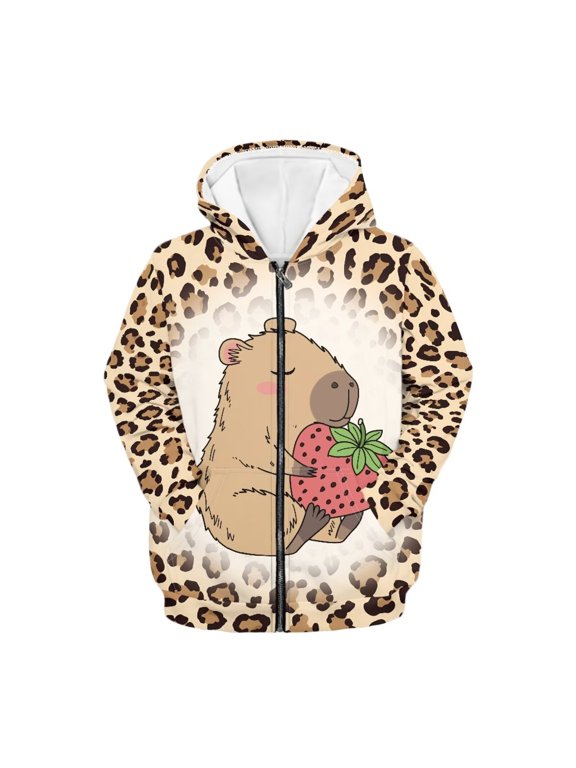 Leopard Print Strawberry Capybara Comfy Hooded Sweatshirt with Pockets Long Sleeve Loose Casual Pullover for Youth Girls Size 14-16