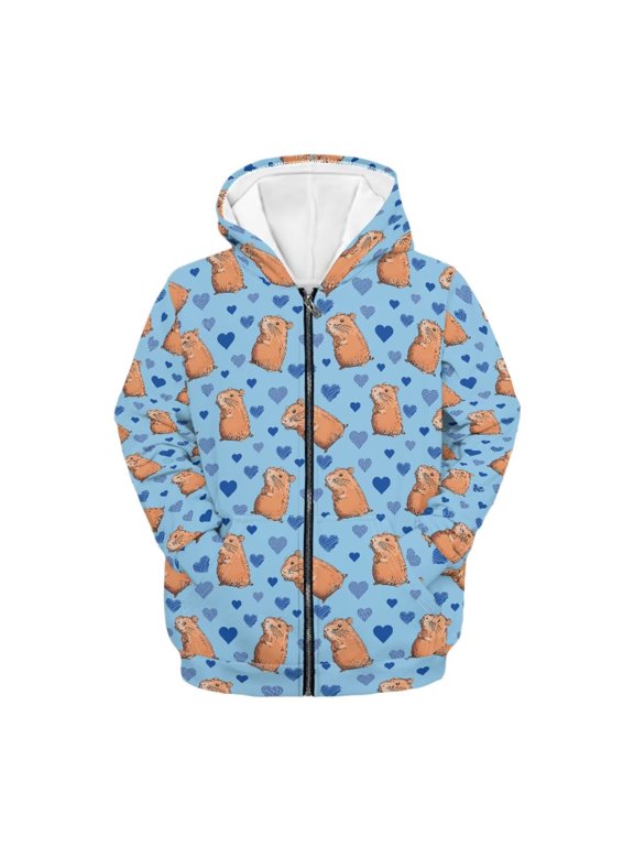 Love Heart Capyabra Blue Comfy Hooded Sweatshirt for Girls Long Sleeve with Pockets Trendy Casual Loose Fall Top Size 6-9