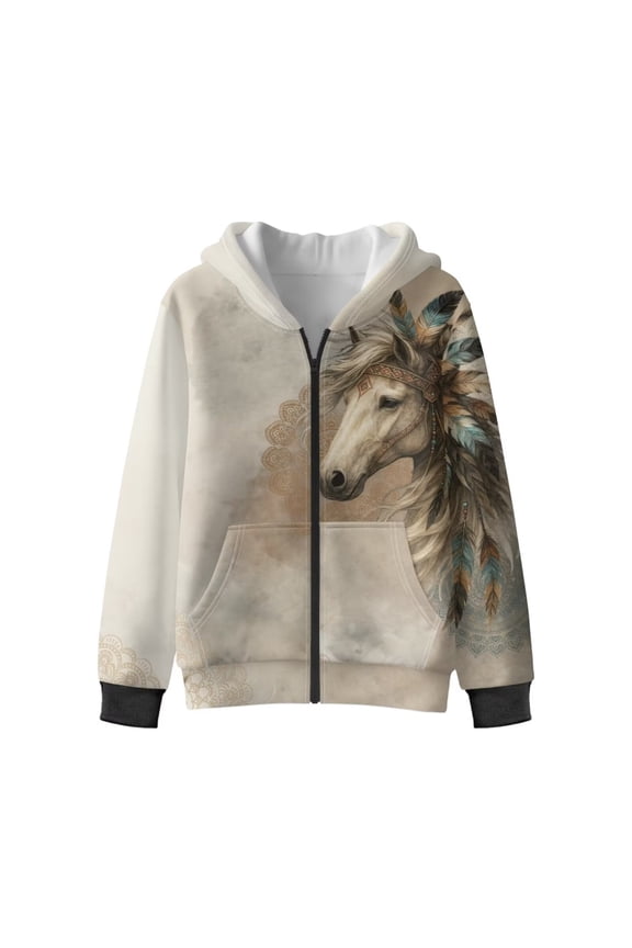 Mandala Tribal Horse Zip Up Hoodie with Pockets for Youth and Boys - Fluffy Hoodie for kids Trendy Athletic Jacket for Gym Run and School