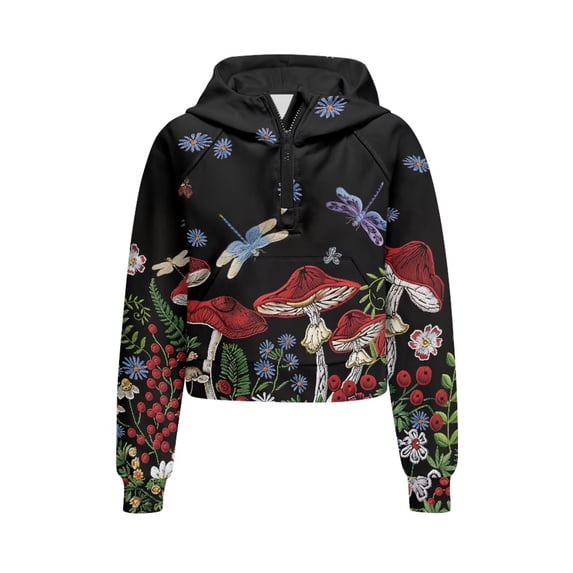 Chaqlin Mushroom Dragonfly Kids Quarter Zip Up Sweatshirt with Pocket Oversize Plus Size Soft Loose Athletic Top Fall Autumn Clothes Size 7-8