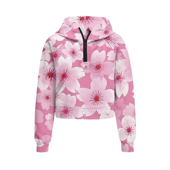 Chaqlin Peach Blossom Print Kids Half Zipper Sweatshirt with Pocket Soft Loose Athletic Wear Comfy Top for Gym Hiking Camping Outdoor Size 5-6