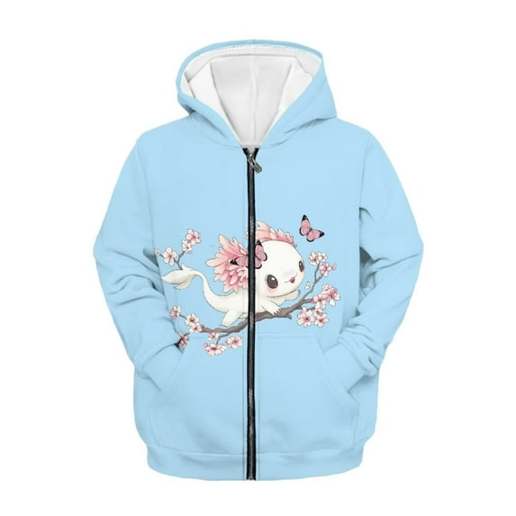 Chaqlin Peach Bolssom Axolotl Butterfly Kids Sporty Jacket Zip Up Hooded Long Sleeve with Pockets Lightweight Athletic Top Youth Size 14-16