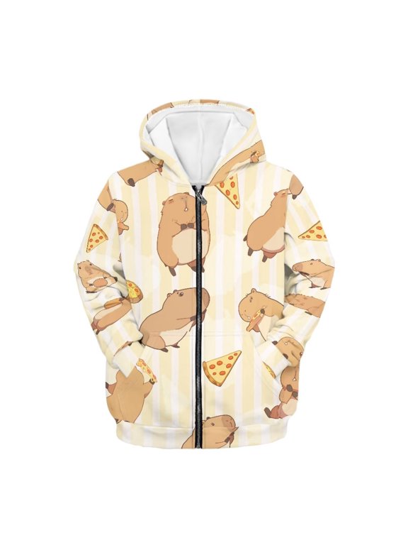 Pizza Cartoon Capybara Youth Athletic Sweatshirt Zip Up Hooded Long Sleeve with Pockets Sports Jacket for Gym Size 10-12
