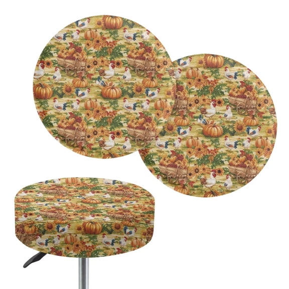 Chaqlin Rooster Pumpkin Sunflowers 2 Pcs Round Stool Covers Vibrant 3D Pattern, High Elastic Breathable Seat Slipcovers, Dustproof Machine Washable 16 Inch Stools Cover