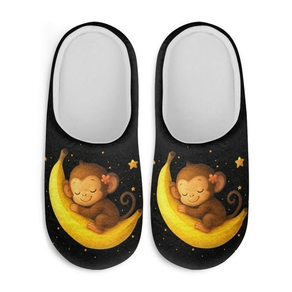Chaqlin Sleep Monkey Banana Men’s House Slippers Warm Fuzzy Plush Comfy Non Slip Indoor Outdoor Shoes Cozy Anti Slip Rubber Sole Comfortable Sole