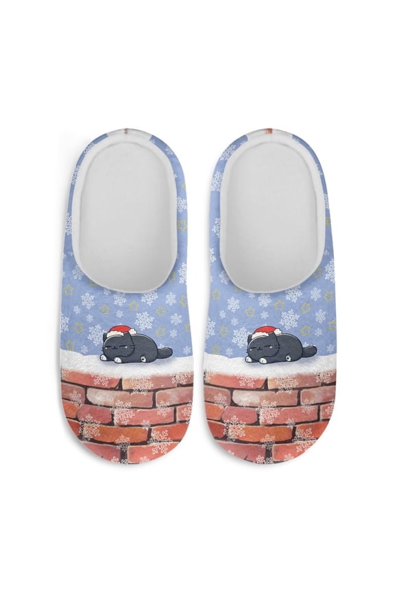 Snowflake Cute Sleep Cat Men’s House Slippers Warm Fuzzy Plush Comfy Non Slip Indoor Outdoor Shoes Cozy Anti Slip Rubber Sole Comfortable Sole