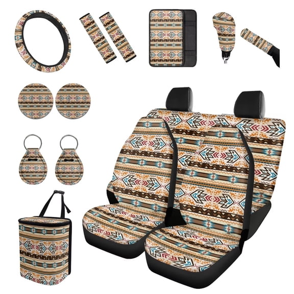Chaqlin Stripes Car Accessories 15 Pack Set Navajo Native Universal Car Front Rear Seats Covers Sets with Gear Shift Cover, Handbrake Protector Automobile Interior Decorations