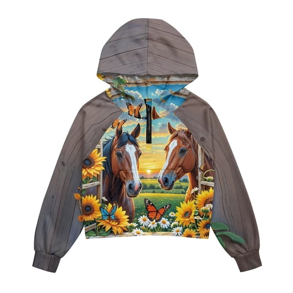 Chaqlin Sunflower Butterfly Horse Youth Zipper Sweatshirt with Pocket Quarter Zip Up Sweatshirts Trendy Sporty Pullover for Soccer Basketball Gym Size 9-10