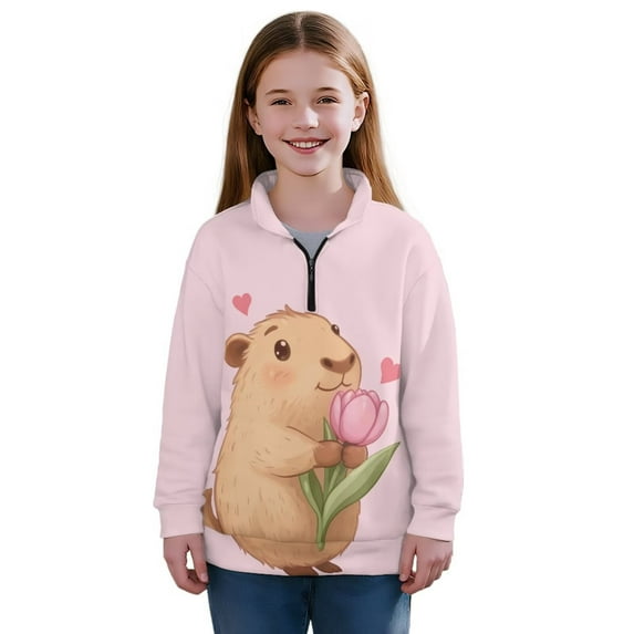 Chaqlin Tulips Cute Capybara Zipper Sweatshirt for Kids Girls Quarter Zip Up Pullover Lightweight Comfy Casual Oversize Long Sleeve Fall Winter Top Size 5-6