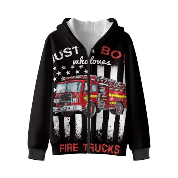 Chaqlin Us Flag Fire Trucks Fleece Sweatshirt for Kids and Boys - Lightweight Trendy Top with Long Sleeve for Daily Wear and Sports