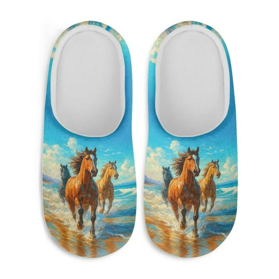 Chaqlin Water Running Horse Women's Cotton Slippers Plush Fuzzy Fluffy Warm Non-slip Comfort Sole Lightweight Easy Slip On Cozy House Bedroom