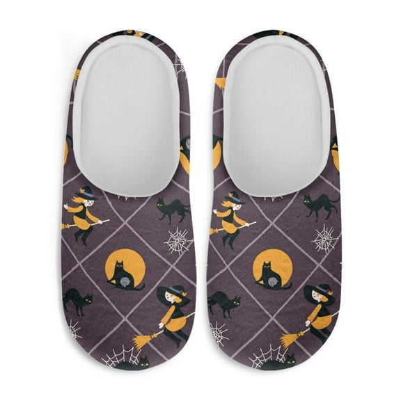 Chaqlin Witch Black Cat Spider Web Women's Cotton Slippers Plush Fuzzy Fluffy Warm Non-slip Comfort Sole Lightweight Easy Slip On Cozy House Bedroom