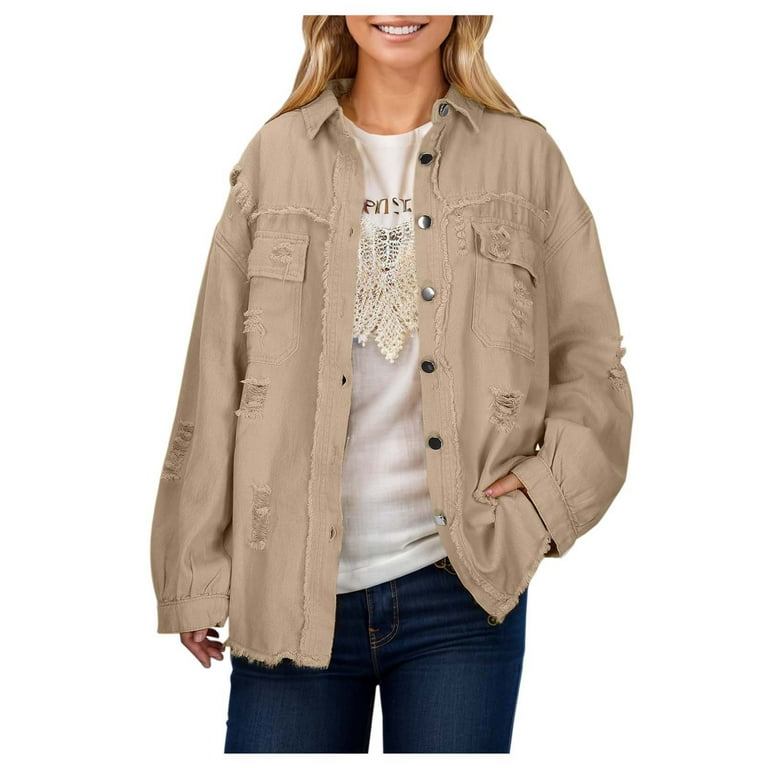 Chaquetas De Mujer Oversized Denim Jacket Women Long Sleeved Fashion Hole Solid Color Long Section Khaki Jean Jackets for Women Walmart
