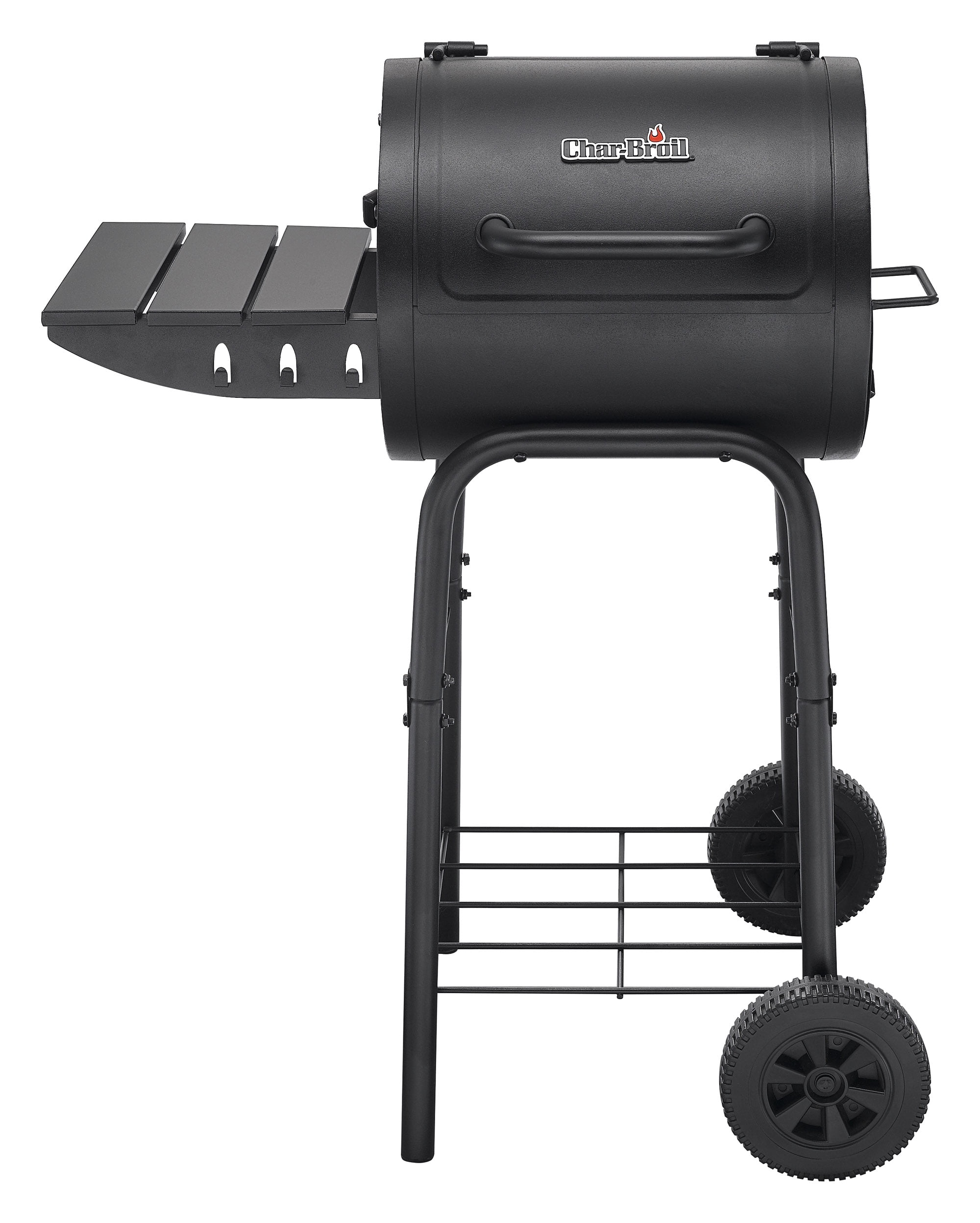 Black Compact Charcoal Grill with Side Shelf and Wheels