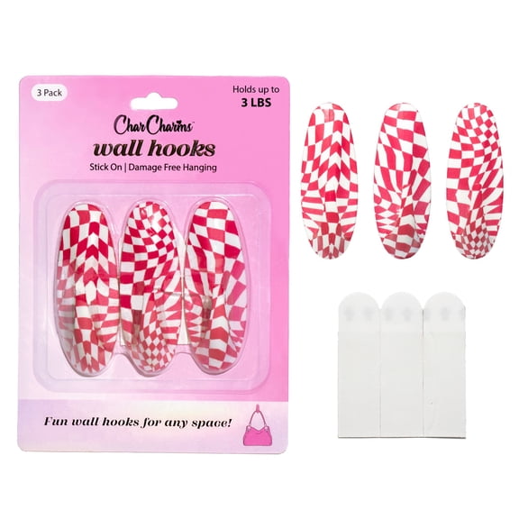 CharCharms Pink Checker Wall Hooks 3-Pack | Stick On Adhesive Decorative Hooks for Damage Free Hanging | Removable Wall Hooks for Dorm Rooms | Keys, Hats, Bags | Hold 3 lbs Each