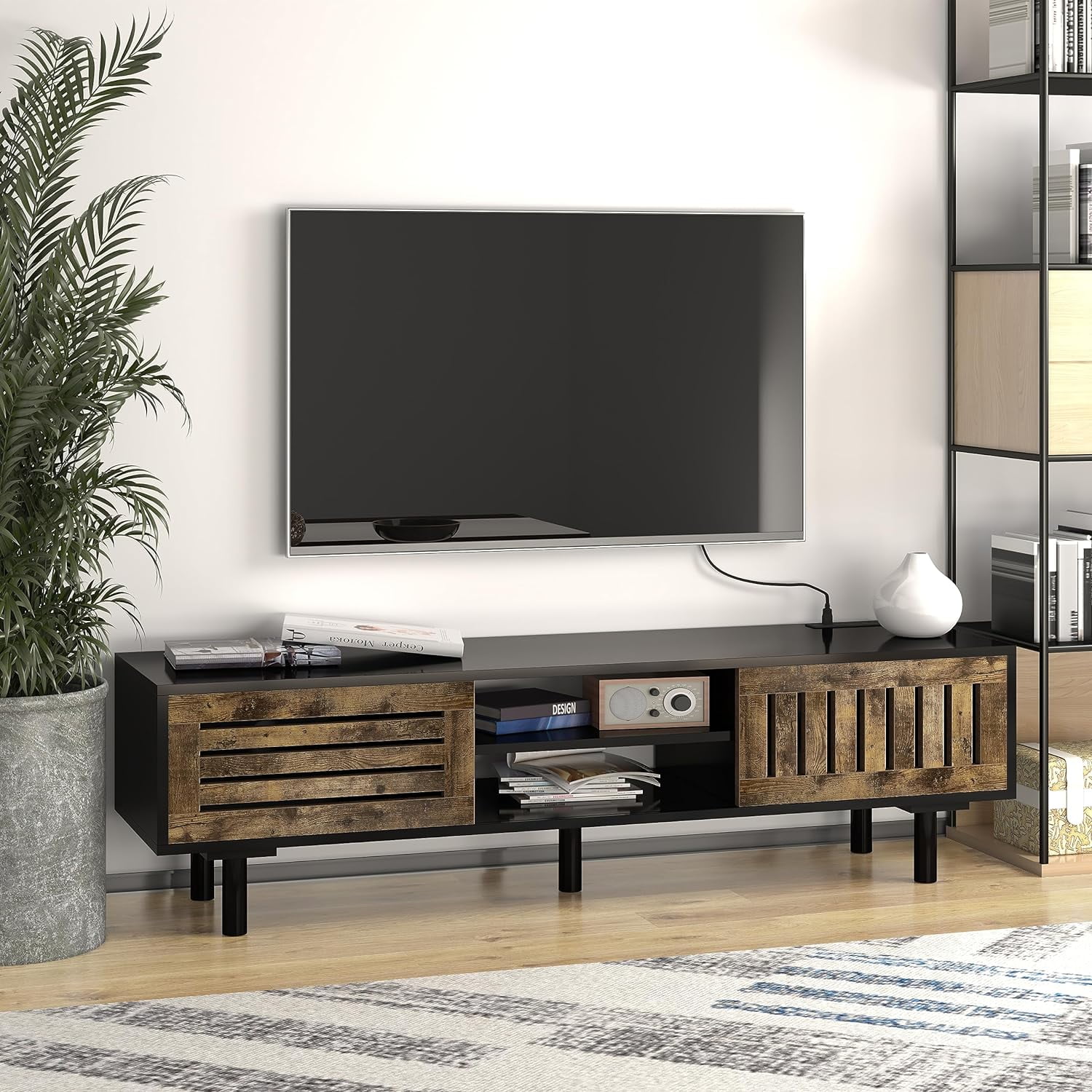 CharaVectorc 59'' TV Stand with Power Outlets Glossy Black TV Stand for ...