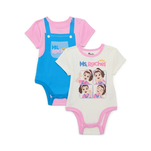 Ms. Rachel Baby Boys or Girls Print Bodysuit with Short Sleeves, 2-Pack, Sizes 0/3M-24M
