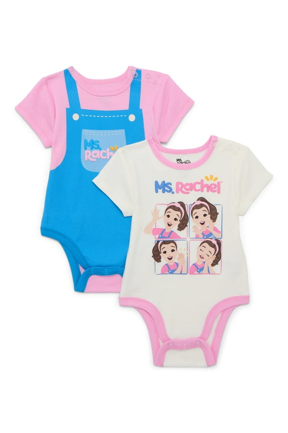 Ms. Rachel Baby Boys or Girls Print Bodysuit with Short Sleeves, 2-Pack, Sizes 0/3M-24M