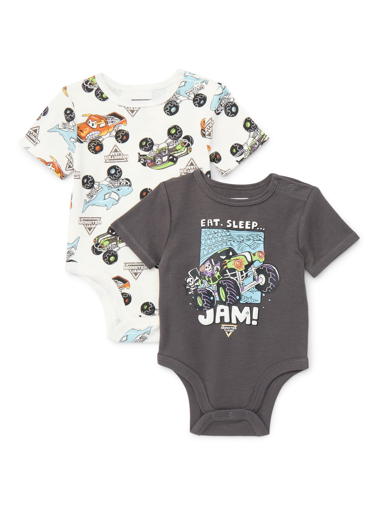 Monster Jam Baby Boys or Girls Print Bodysuit, 2-Pack, Sizes 0/3M-24M