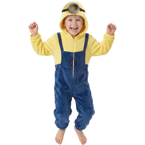 Minion Stuart Costume for Kids with Single-Goggle, Halloween Plush Hooded Onesie Jumpsuit for Boys Girls
