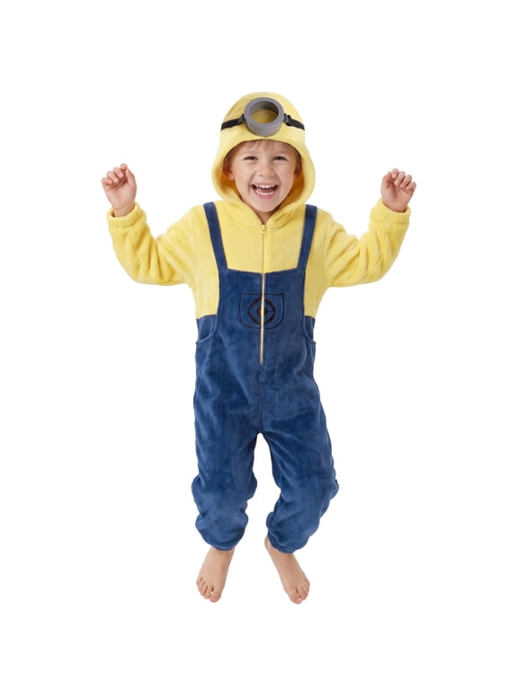 Minion Stuart Costume for Kids with Single-Goggle, Halloween Plush Hooded Onesie Jumpsuit for Boys Girls