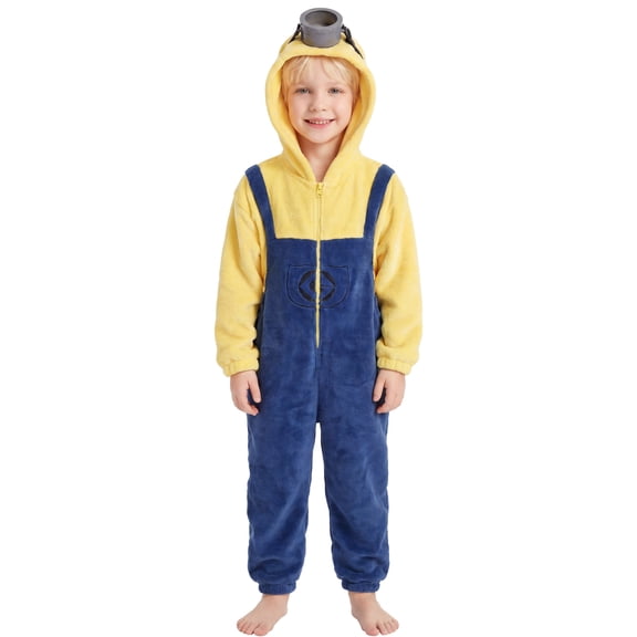 Character Cosplay Yellow Costume with Single-Goggle, Plush Hooded Jumpsuit Set for Halloween Theme Party