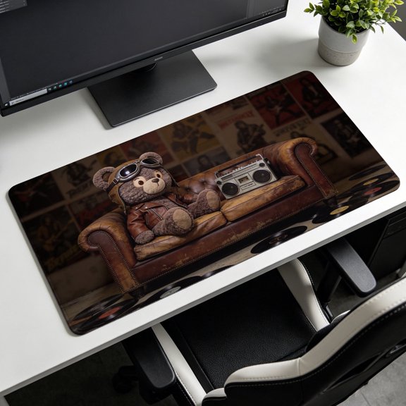 Character Count 233pilot Bear Retro Music Theme Mouse Pad,Non Slip Rubber Pad,Desktop Decoration Drotection Pad,Washable,Lock Edge Multi Size,Mousepad for Home