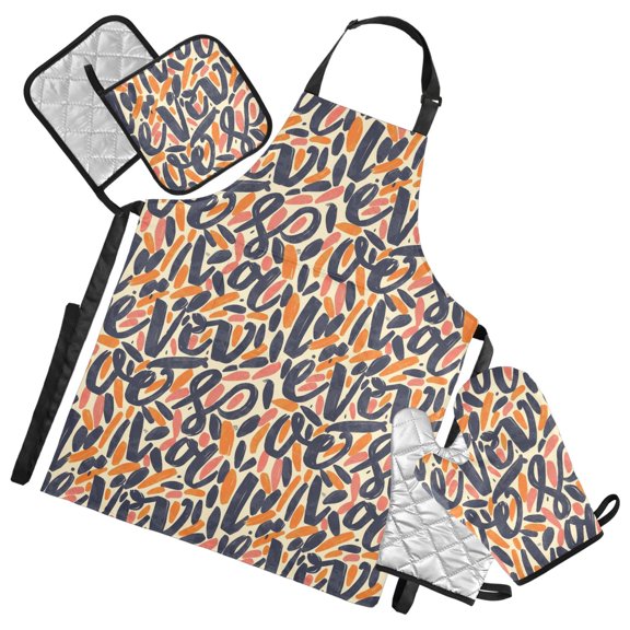 Character Graffiti 5 Pcs Kitchen Set Heat Resistant Oven Mitts and Non-Slip Pot Holders with Adjustable Cooking Apron