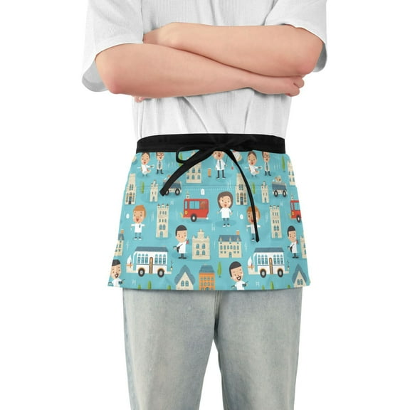 Character House Car Server Apron with 3 Pockets Waterproof Waitress Waist Short Apron for Man Woman 12 Inches