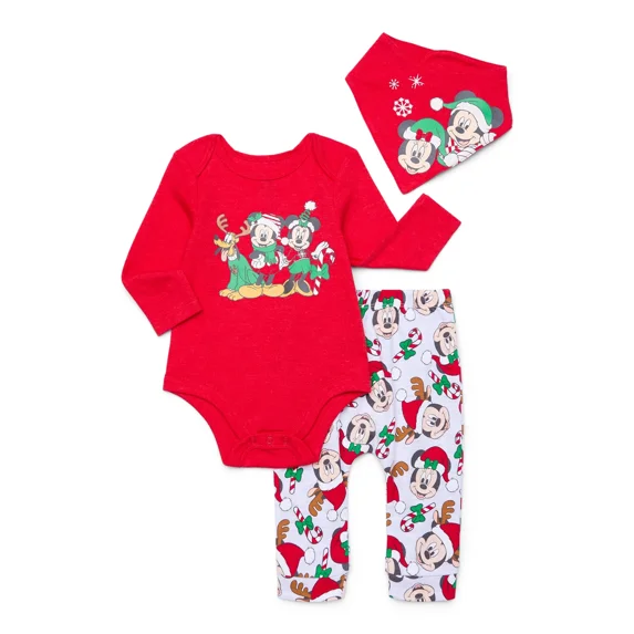 Character Infant Baby Holiday Take Me Home, Bib, Long-Sleeve Bodysuit, and Pants Outfit Set, 3-Piece Sizes Newborn-12 Months