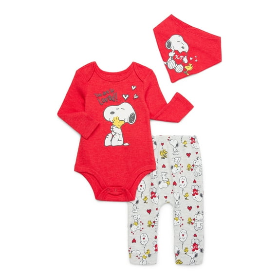 Character Infant Baby Valentine's Day Take Me Home, Bib, Long-Sleeve Bodysuit, and Pants Outfit Set, 3-Piece Sizes Newborn-12 Months