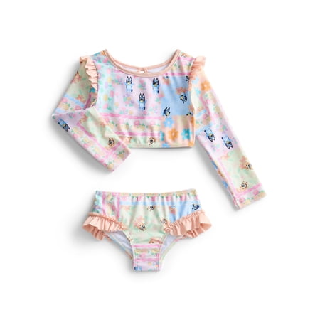 Princess Expressions Character Toddler Girl Long- Sleeve Rash Guard Swimsuit, 2-Piece, Sizes 12M-5T