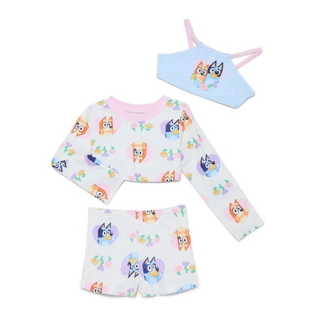 Bluey Character Toddler Girl Rash Guard and Bikini Swimsuit Set, 3-Piece, Sizes 2T-5T