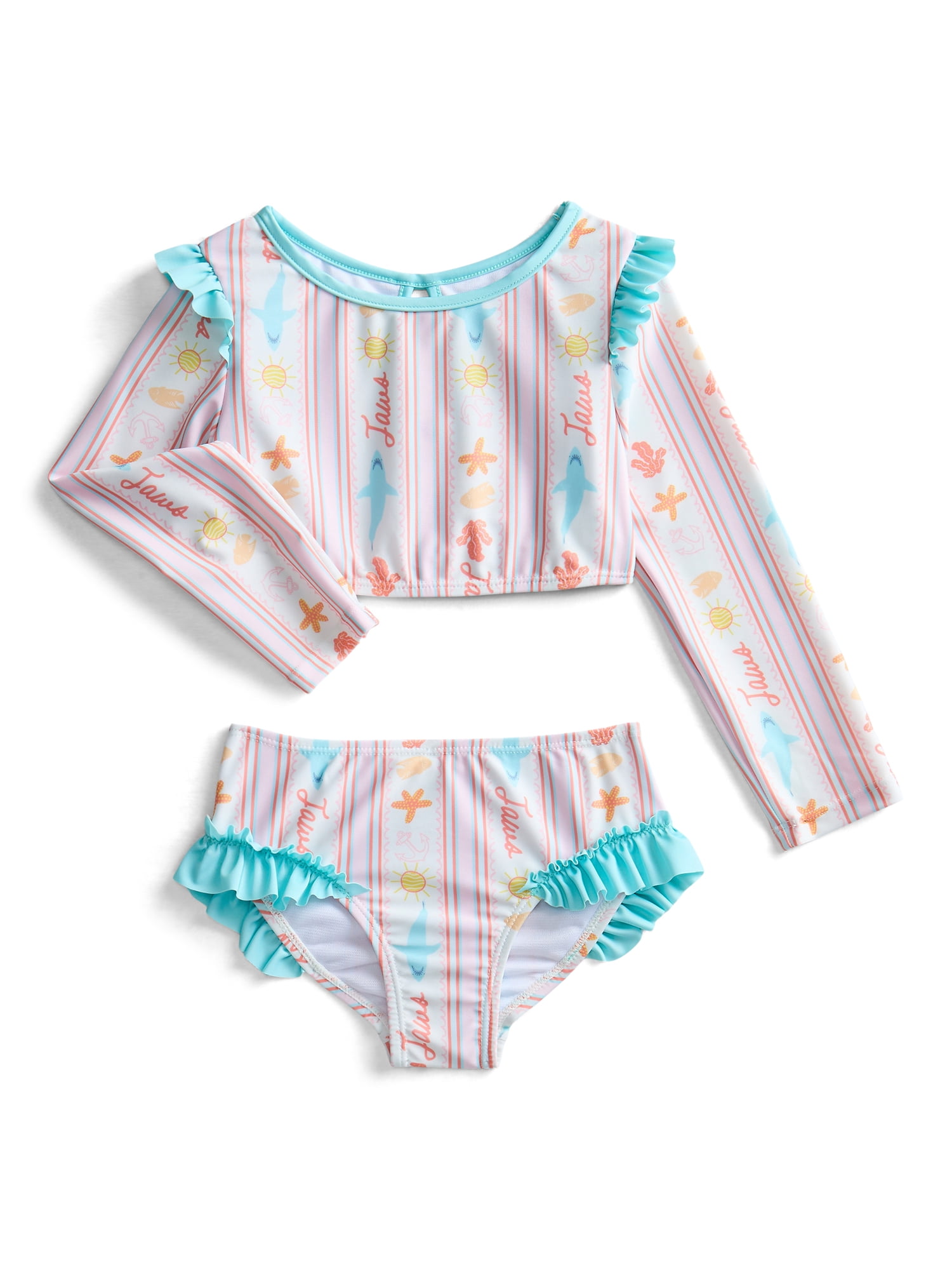 Jaws Toddler Girls Long Sleeve Ruffle Rashguard Swimsuit Set with UPF50, 2-Piece, Sizes 12M-5T