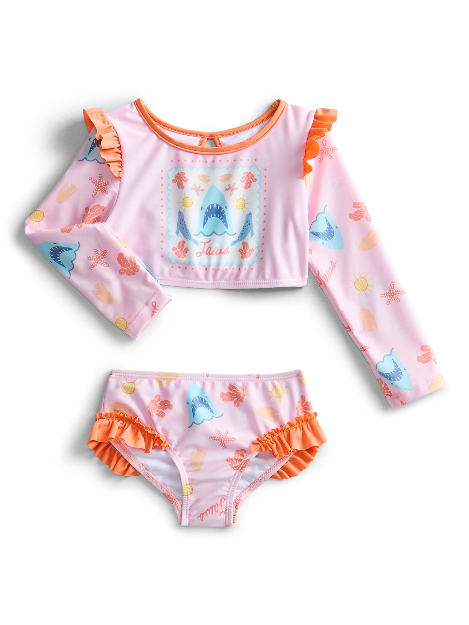 Jaws Toddler Girls Long Sleeve Ruffle Rashguard Swimsuit Set with UPF50, 2-Piece, Sizes 12M-5T