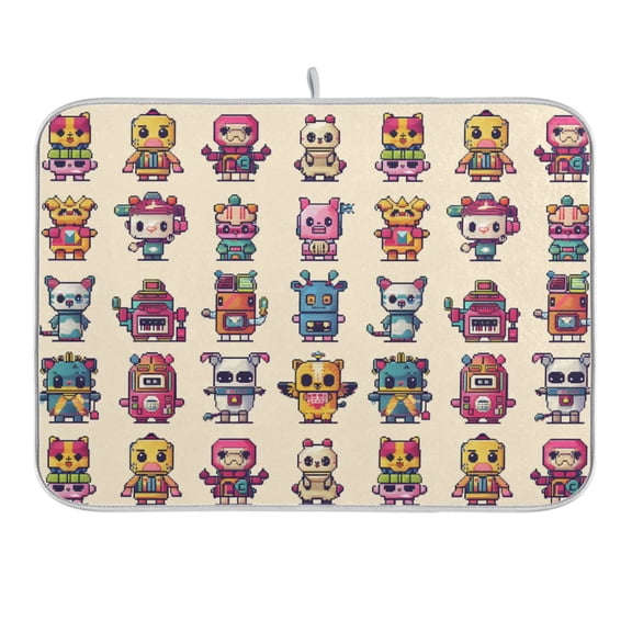 Characters Pixel Style Dish Drying Mat 16x18 Absorbent Microfiber Draining Rack Pad for Kitchen Counter Sink
