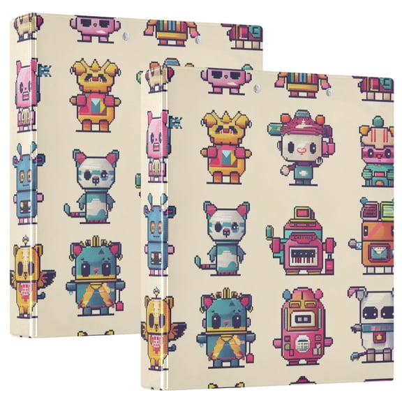 Characters Pixel Style Hardcover 3 Ring Binder 1.5” Round Rings Letter Size Paper Pockets for School Office Supplies