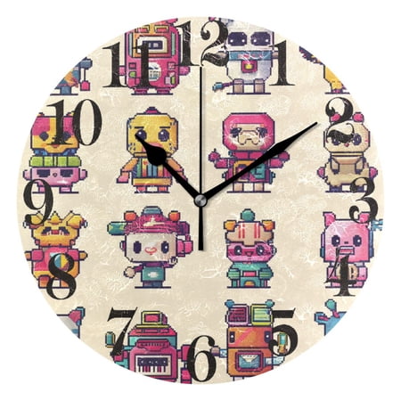 Characters Pixel Style Round Wall Clock Battery Operated Silent Non-Ticking Bedroom Office Kitchen Home School Decor 10"(Black)